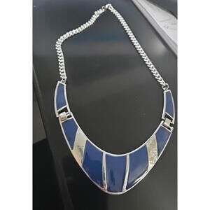Silver Blue Statement Necklace Geometric Panels Bold Modern Fashion Jewelry